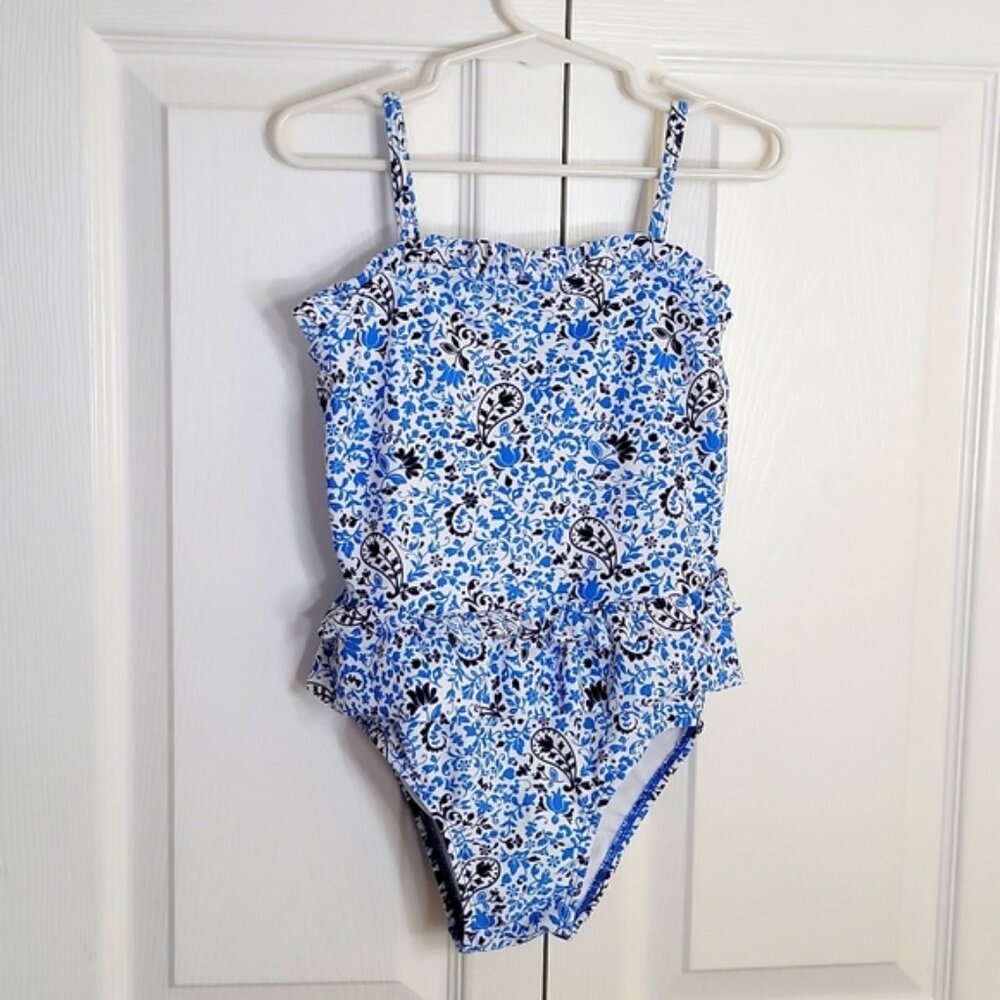 Circo Girls One Piece Swimsuit Paisley & Floral Ruffle Top Blue White 5T